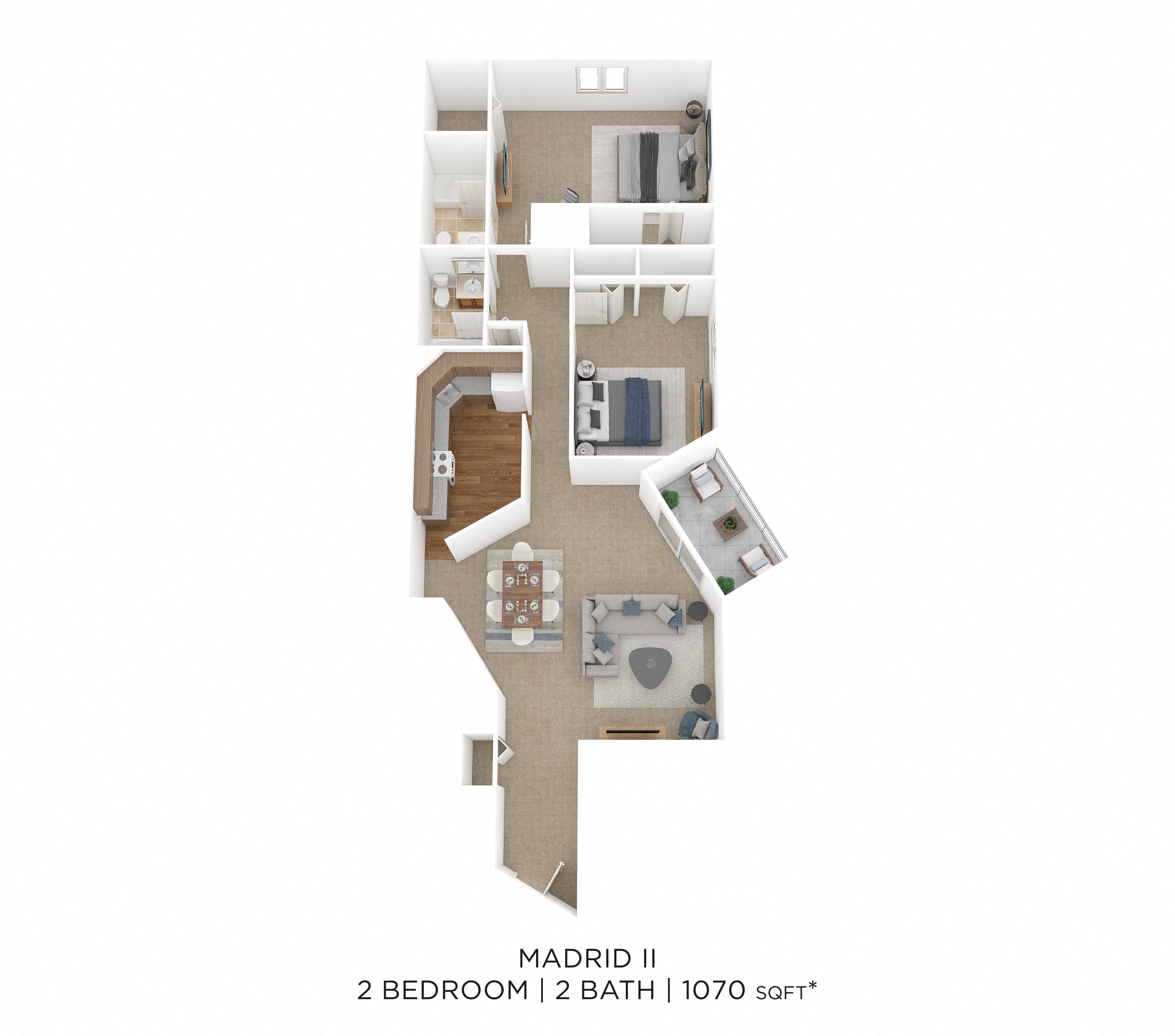 Floor plan for 2 beds, 2 baths, 1070 sqft